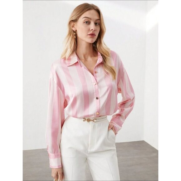pink button down shirt striped preppy - Picture 1 of 2